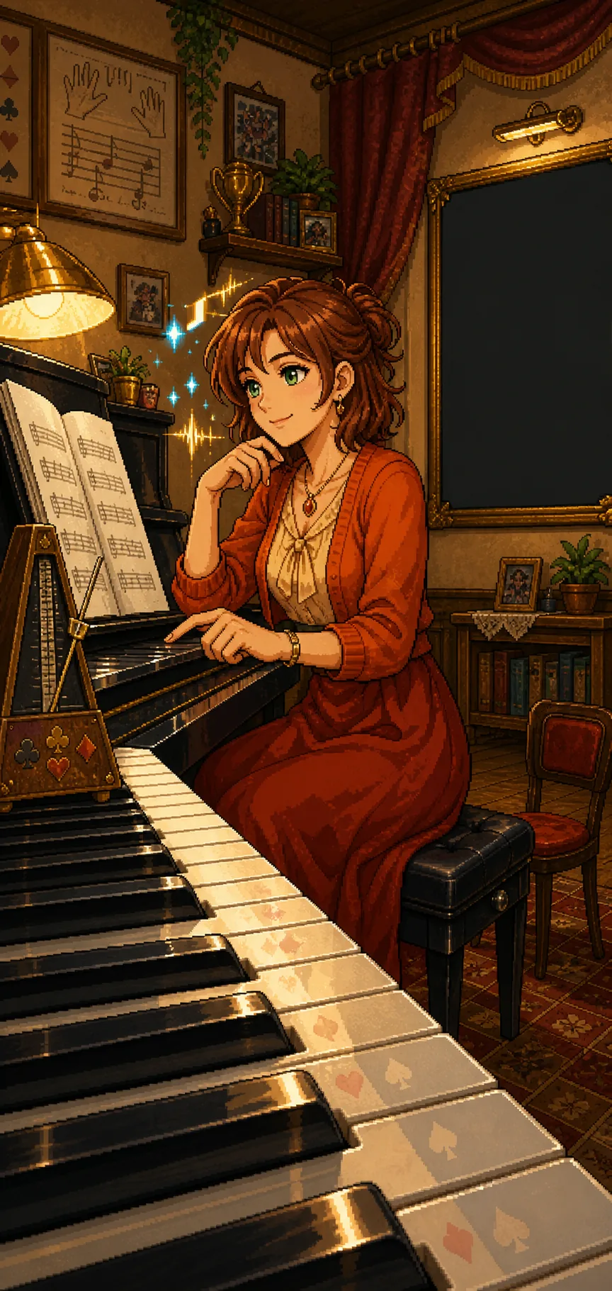 Auntie at the piano representing harmonic feedback.