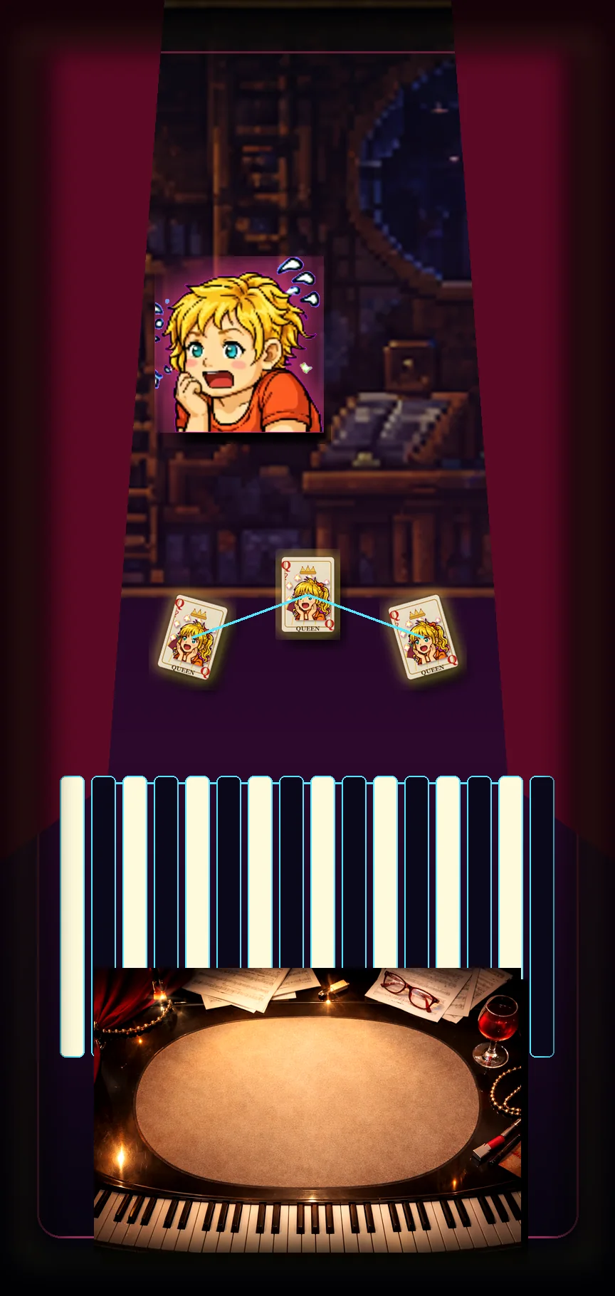 A Battletaire episode scene with piano keys, cards, and recital-room harmonic pressure.