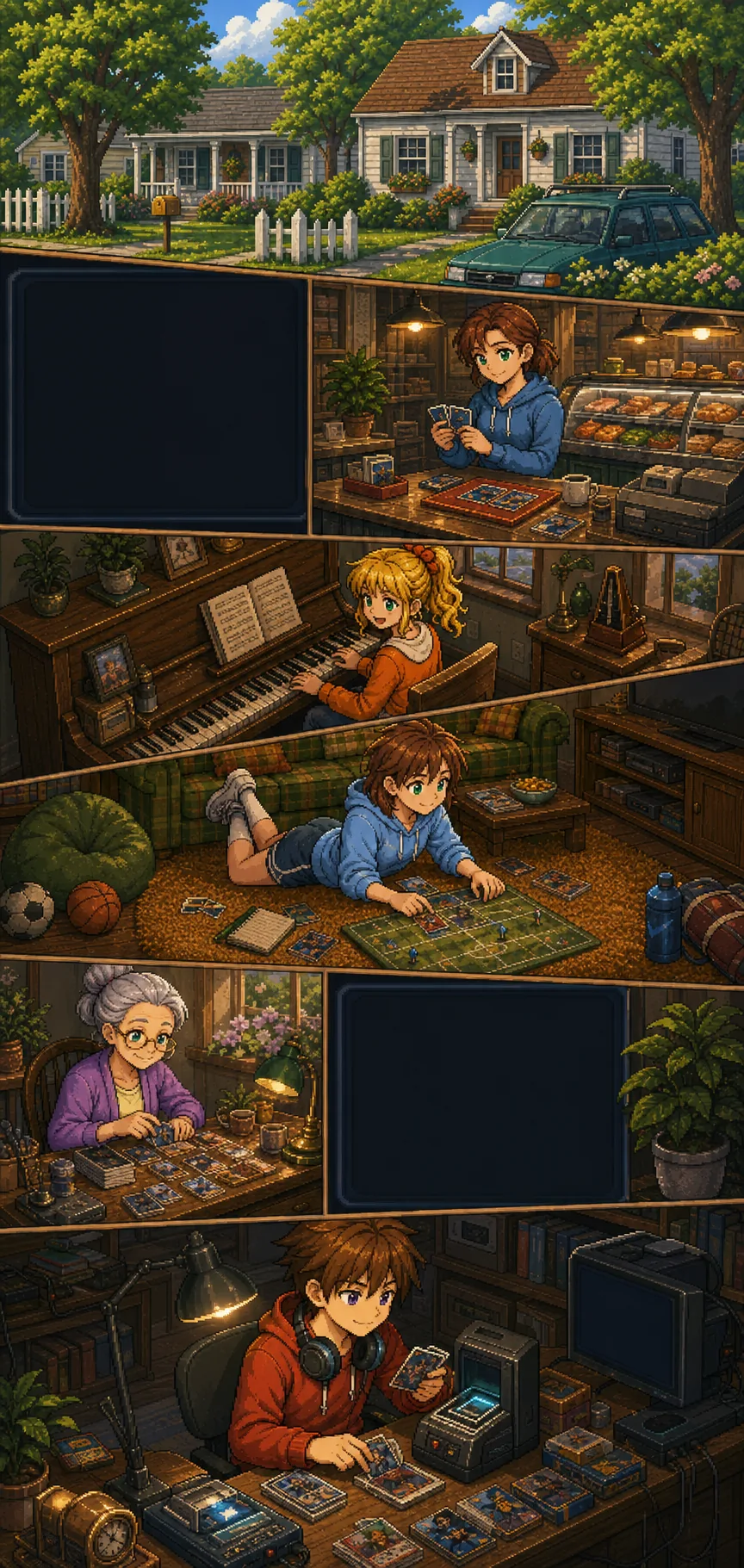 Grounded SNES-style comic panels of the Battletaire family house, deli counter, piano room, after-school floor, tech corner, and reshuffle workshop.