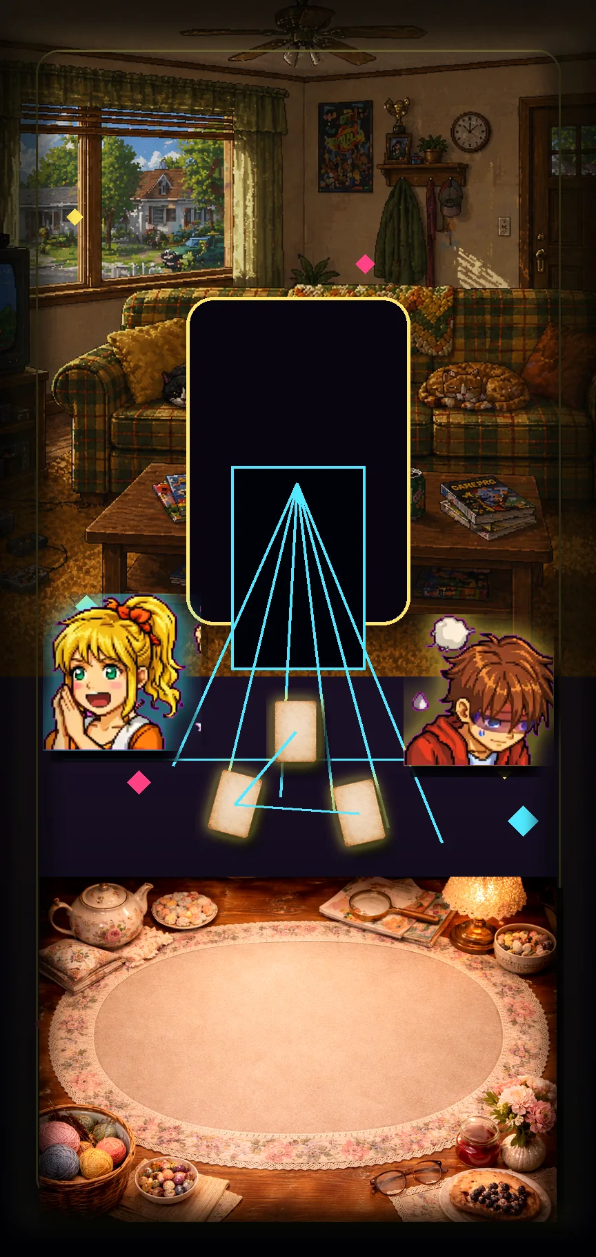 A Battletaire episode scene with an empty chair, glowing cards, and a suspicious family-house doorway.
